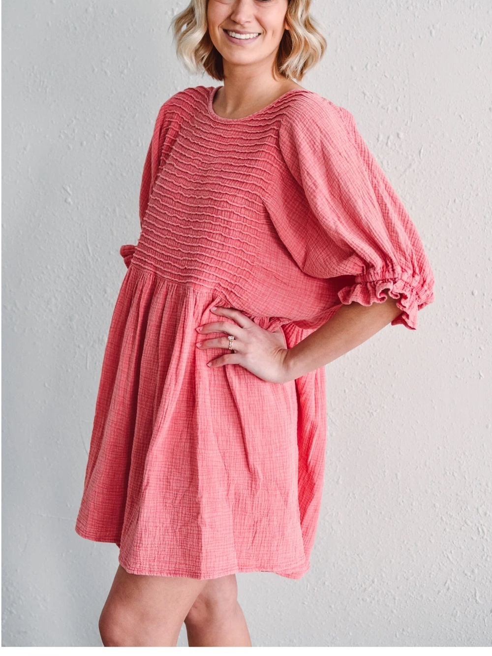 New Coral Pink pleat front flowy babydoll Dress with Balloon Puff Sleeves